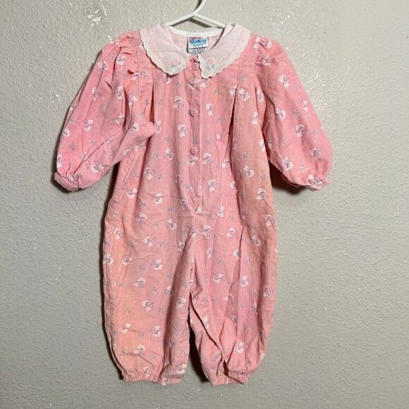 VTG 80s OshKosh Bubble Romper 12M Pink Corduroy Cat Print Peter Pan Collar - Picture 2 of 7